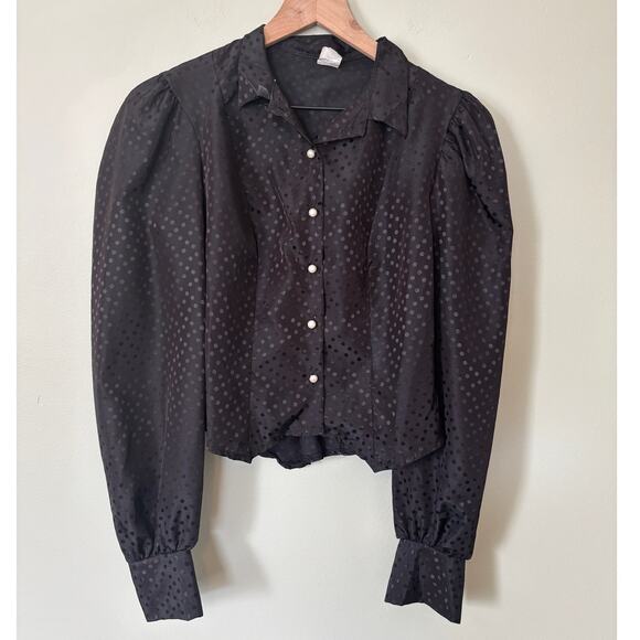 Vintage Tops - Vintage 70s Polka Dot Puff Sleeve Blouse Cropped Peplum Top M